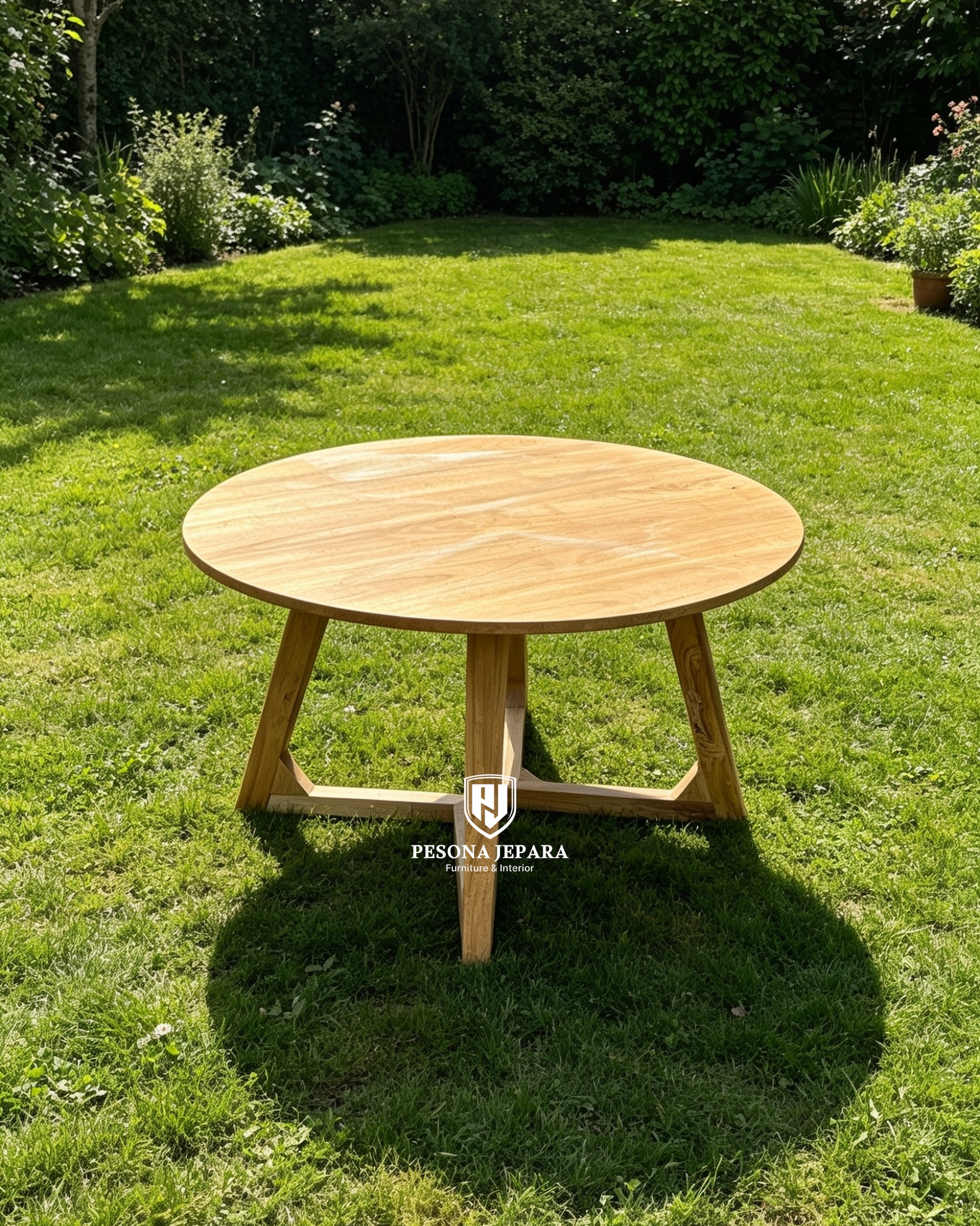 Meja Kopi Minimalis Bundar Jati (Coffee Table) Kaki Silang - Gambar 2