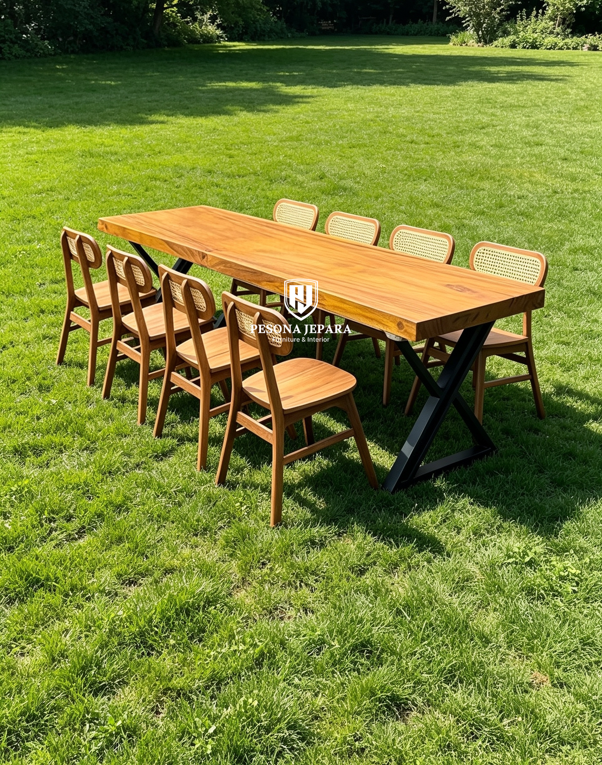 Set Meja Makan Solid Wood Kaki Besi Silang & Kursi Rotan - Gambar 2