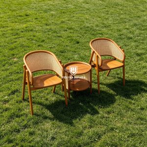 Set Meja & Kursi Teras Kayu Jati Solid Aksen Rotan