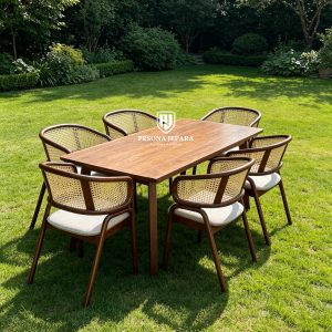 Set Meja Makan Outdoor Minimalis Jati Rotan