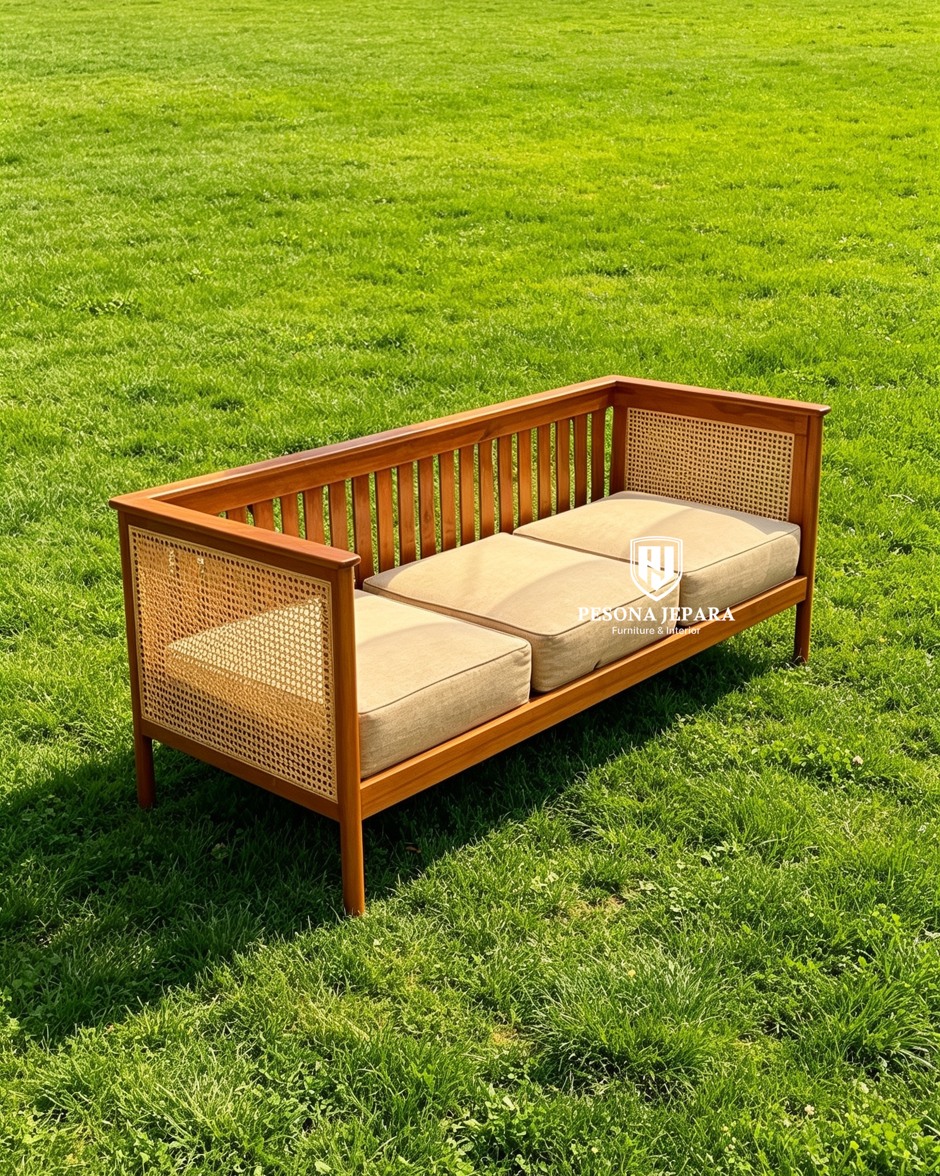 Sofa / Daybed Jati Minimalis Kombinasi Rotan 3-Seater - Gambar 2
