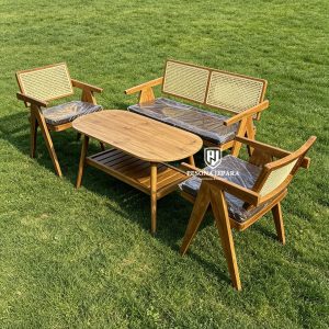 Set Kursi Tamu / Terrace Set Jati Minimalis Kombinasi Rotan
