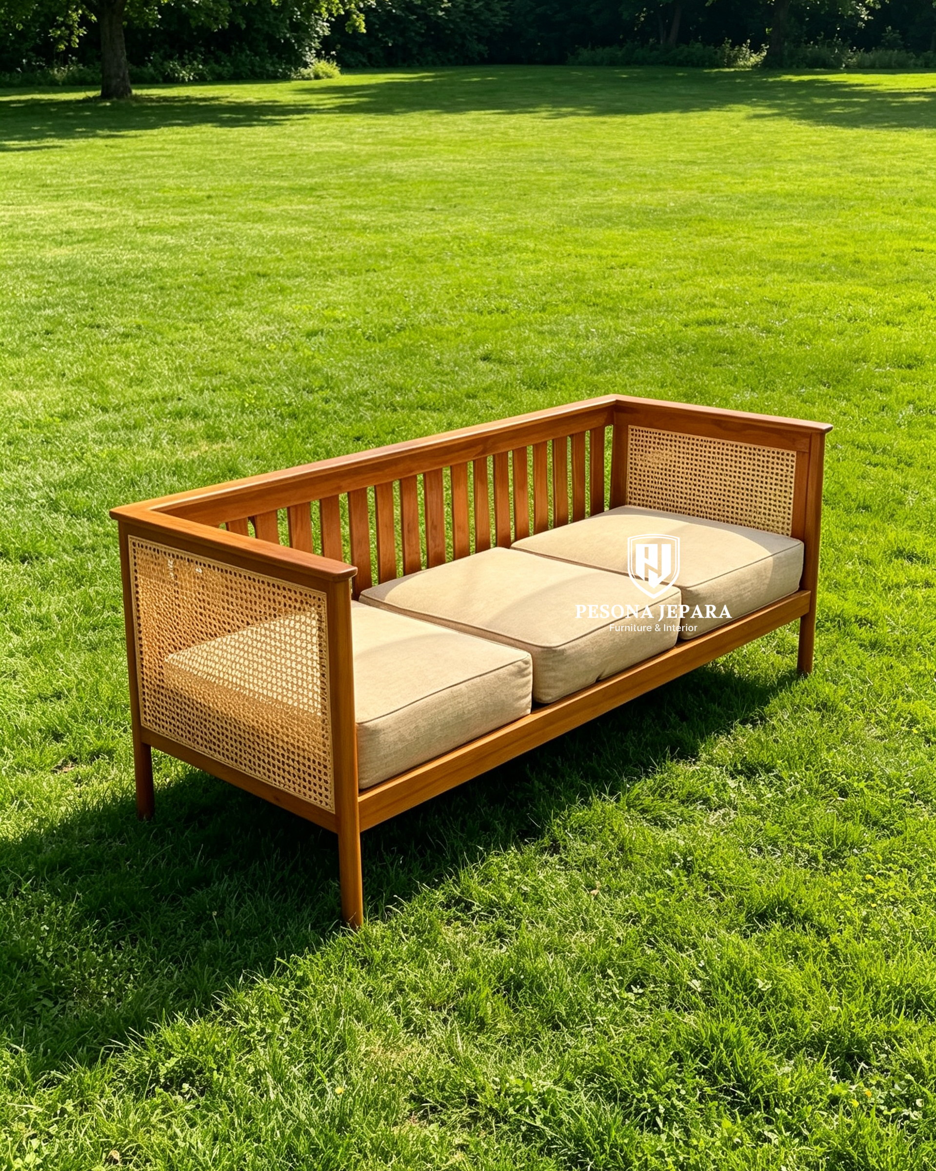 Sofa / Daybed Jati Minimalis Kombinasi Rotan 3-Seater