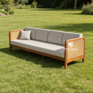 Sofa Tamu Minimalis Kayu Jati Solid & Rotan Anyam (4 Seater)