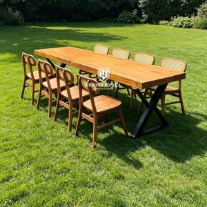 Set Meja Makan Solid Wood Kaki Besi Silang & Kursi Rotan