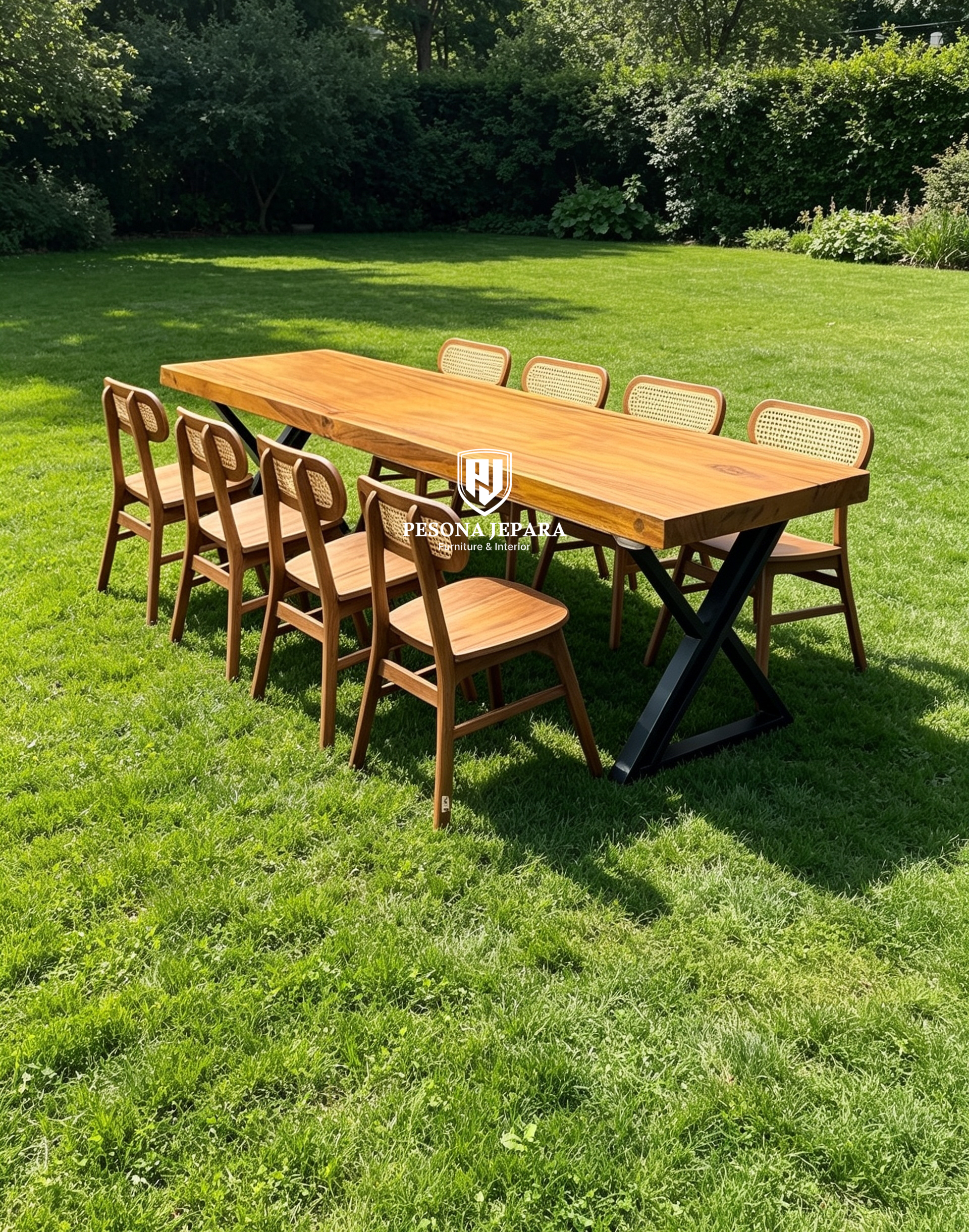 Set Meja Makan Solid Wood Kaki Besi Silang & Kursi Rotan