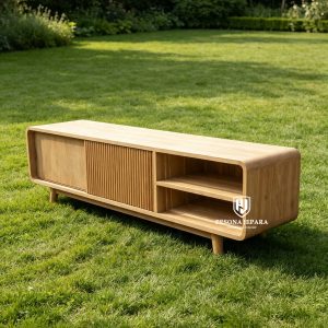 Meja TV Kayu Jati Minimalis - 'Japandi Slatted TV Unit'
