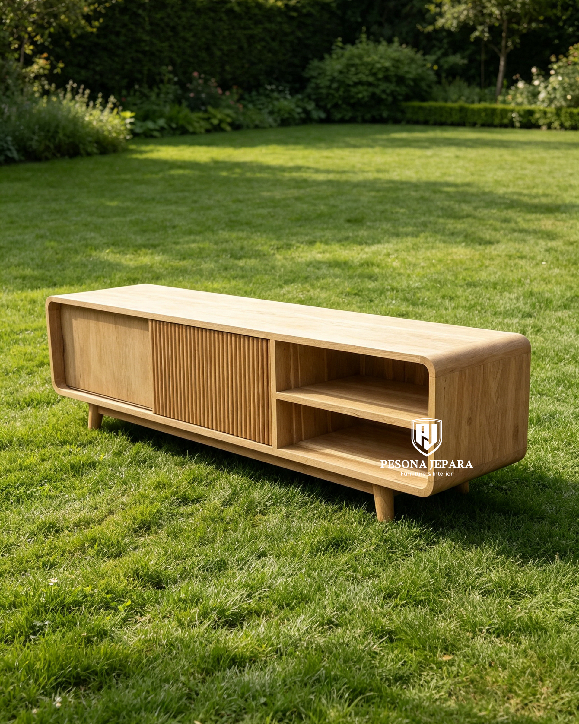 Meja TV Kayu Jati Minimalis - 'Japandi Slatted TV Unit'