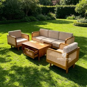Set Sofa Tamu Kayu Jati Kombinasi Rotan