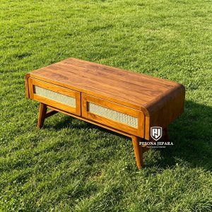 Meja Tamu / Meja TV Jati Minimalis Aksen Rotan (Coffee Table)