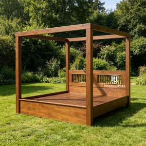 Ranjang Kanopi Jati Minimalis / Tempat Tidur Kelambu Modern