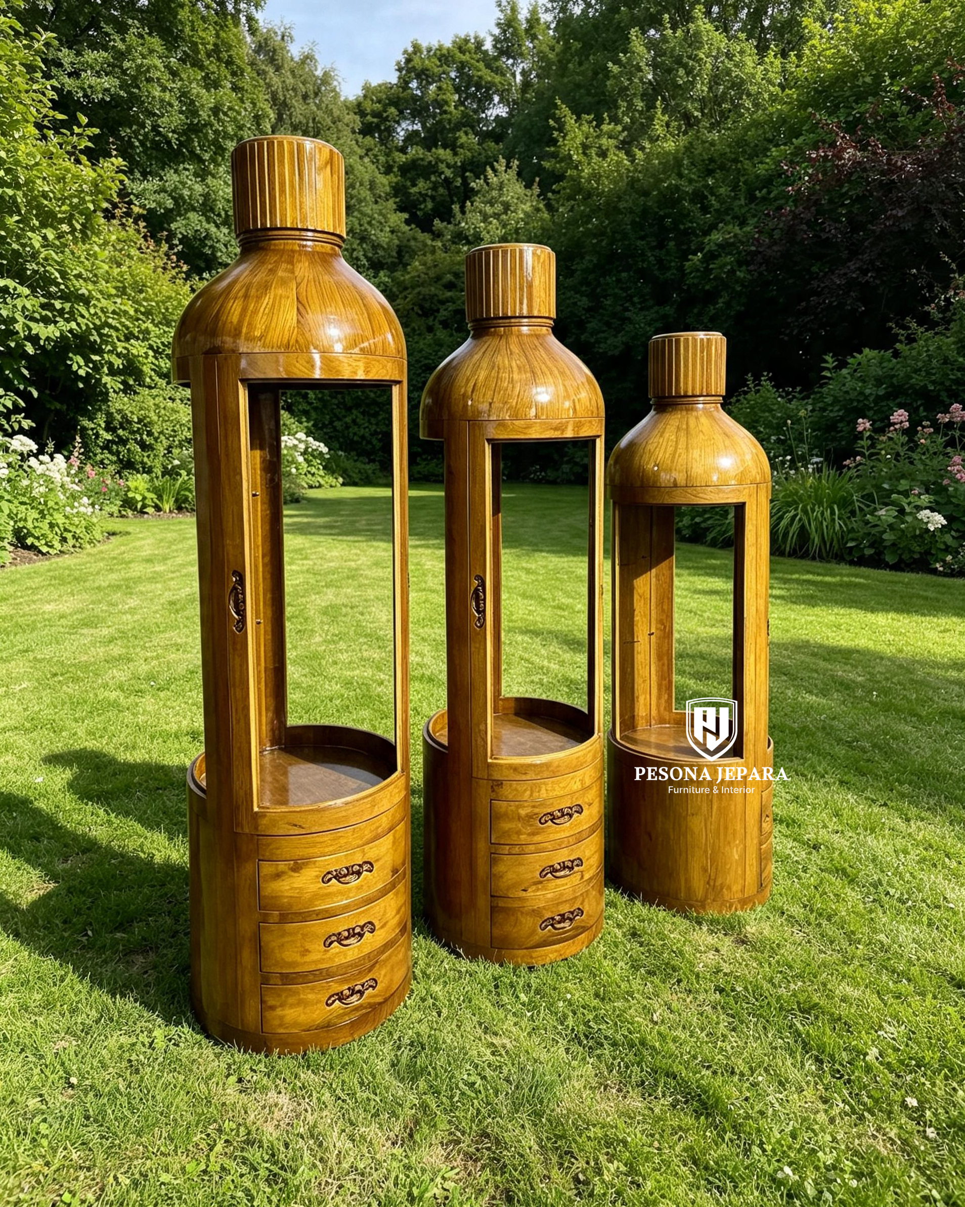 Lemari Pajangan Kayu Jati Bentuk Botol Unik