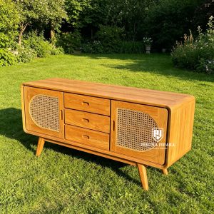 Buffet TV / Credenza Kayu Jati Kombinasi Rotan Mid-Century