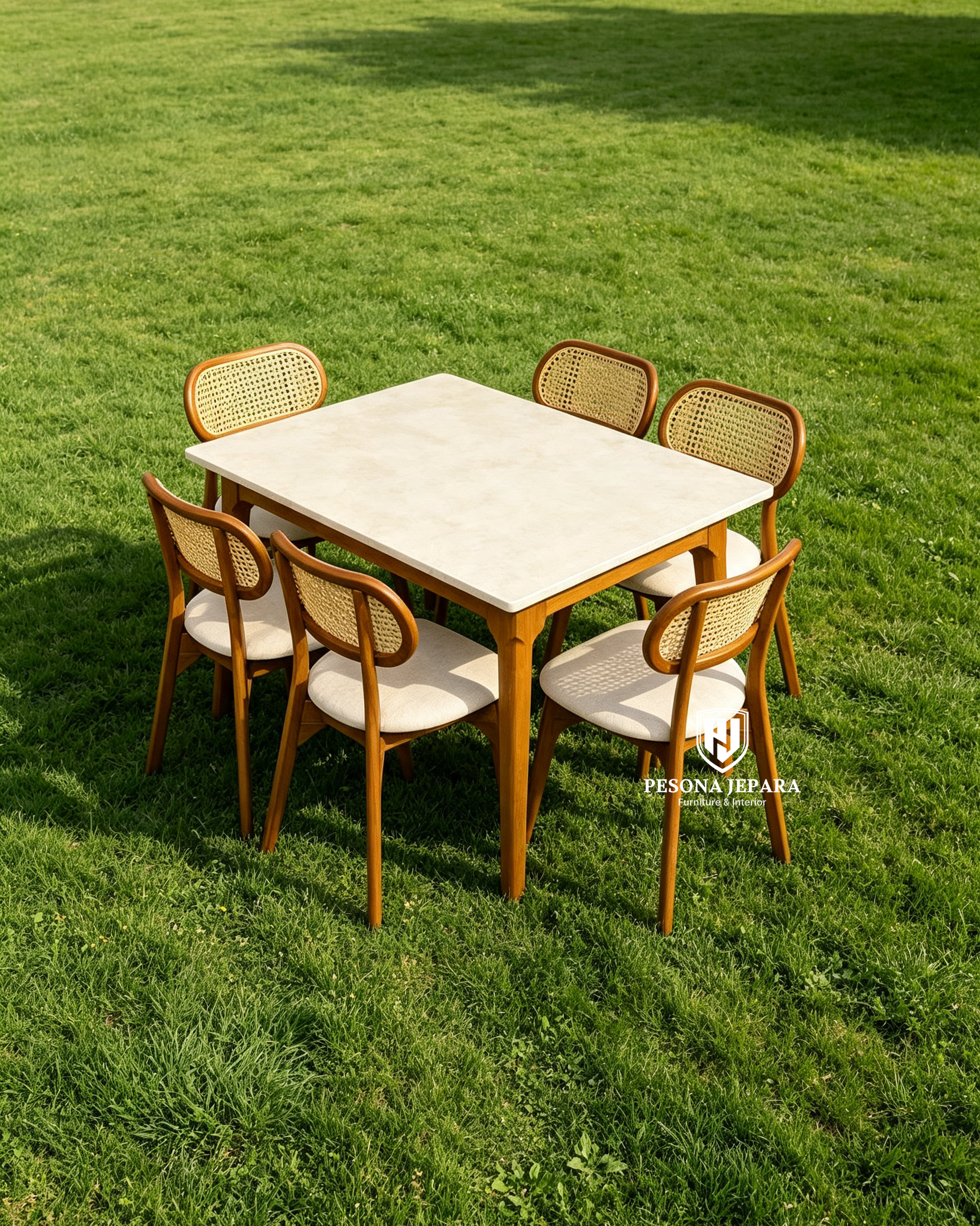 Set Meja Makan Kayu Jati Top Marble Kombinasi Rotan - Gambar 3