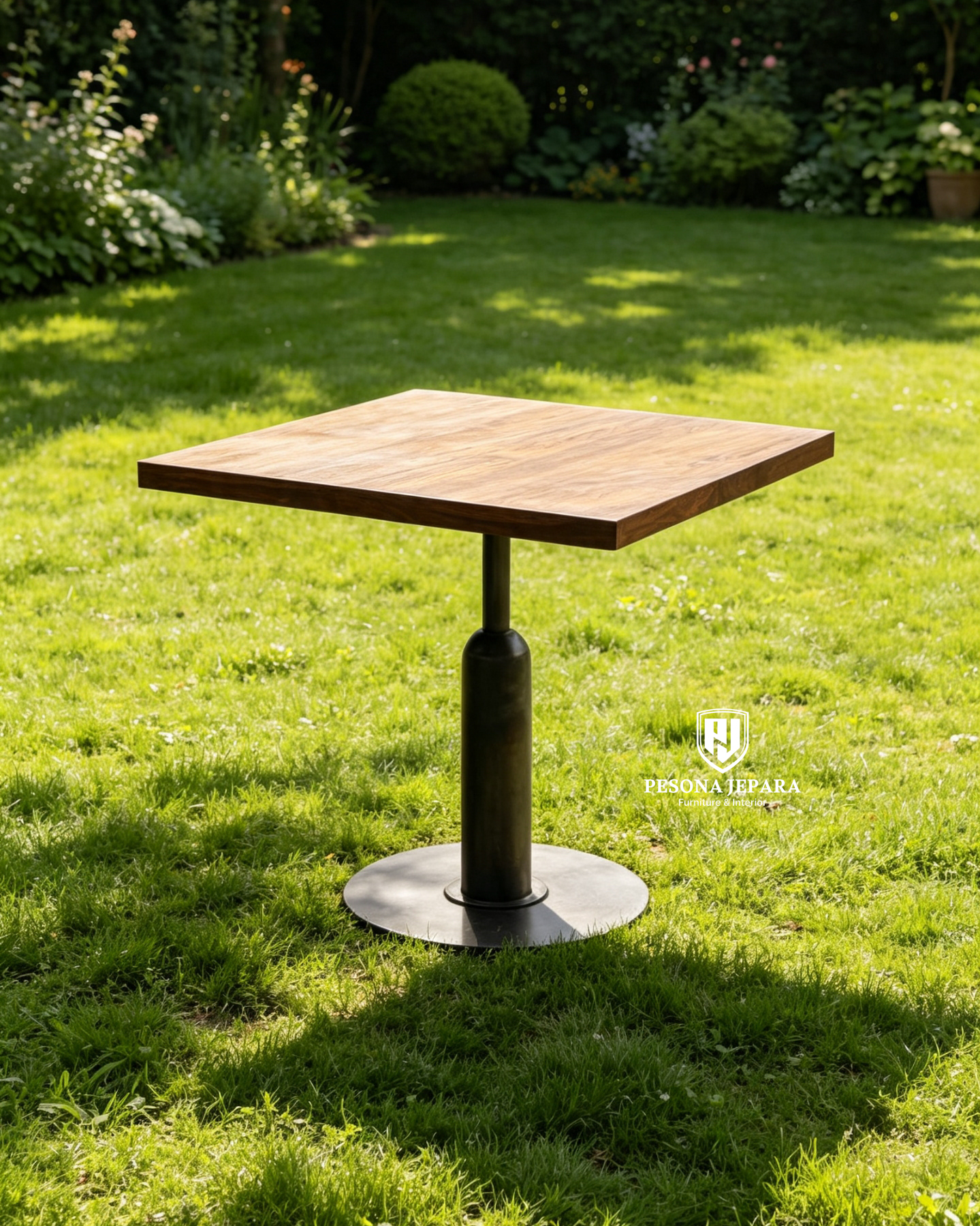 Meja Kafe Minimalis Kayu Solid & Besi Industrial - Gambar 2