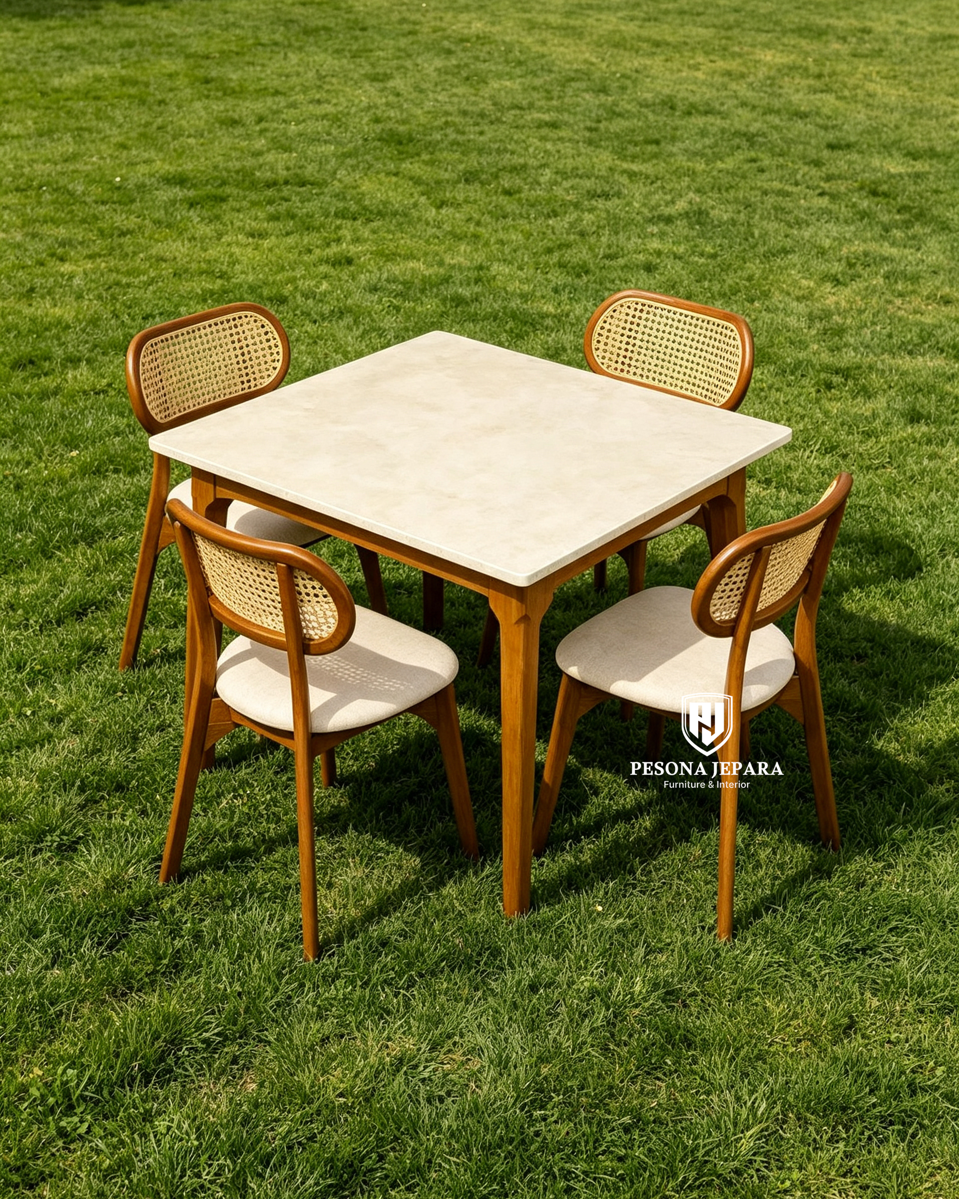 Set Meja Makan Kayu Jati Top Marble Kombinasi Rotan - Gambar 2