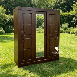Lemari Pakaian Kayu Jati 3 Pintu Cermin Minimalis Ukir