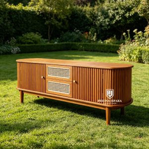 Meja TV Jati Minimalis Rotan Slatted (Mid-Century Rattan TV Credenza)