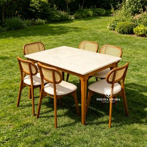 Set Meja Makan Kayu Jati Top Marble Kombinasi Rotan