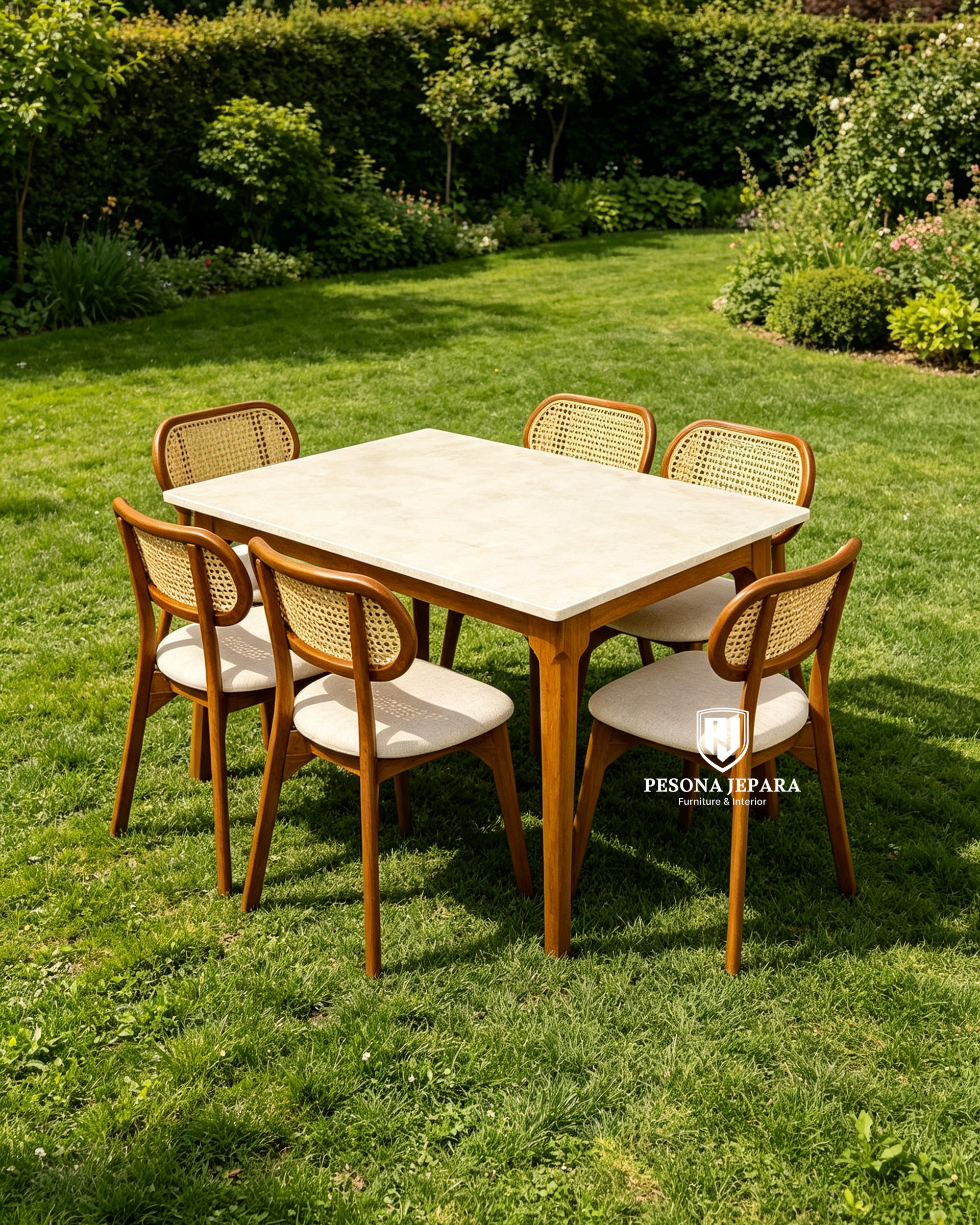 Set Meja Makan Kayu Jati Top Marble Kombinasi Rotan